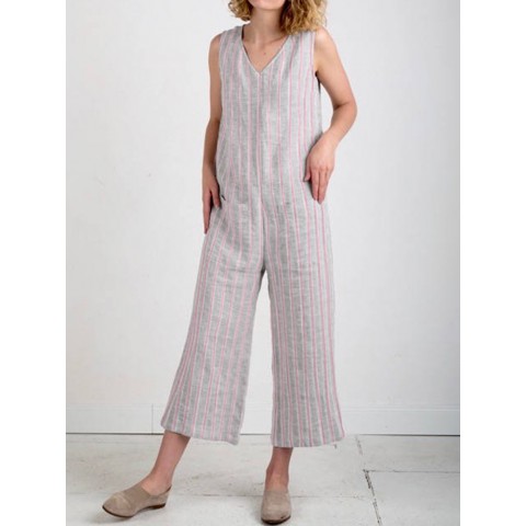 Women Stripe V Neck Wide Leg Sleeveless Casual Jumpsuit Overalls
