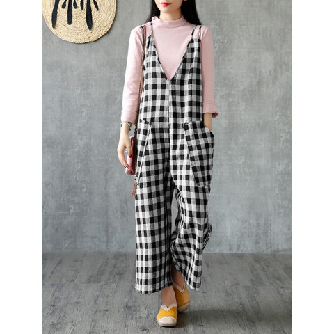 Women V-Neck Check Side Pockets Sleeveless Spaghetti Strap Jumpsuit