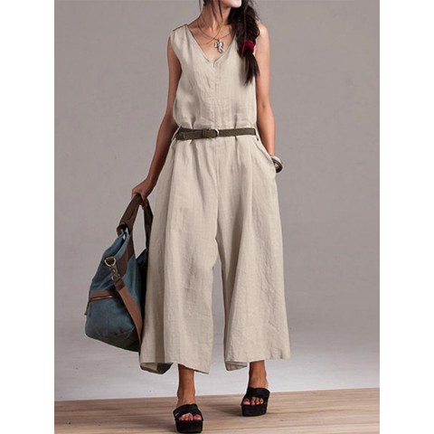 Women Sleeveless V Neck Cotton Wide Leg Jumpsuit