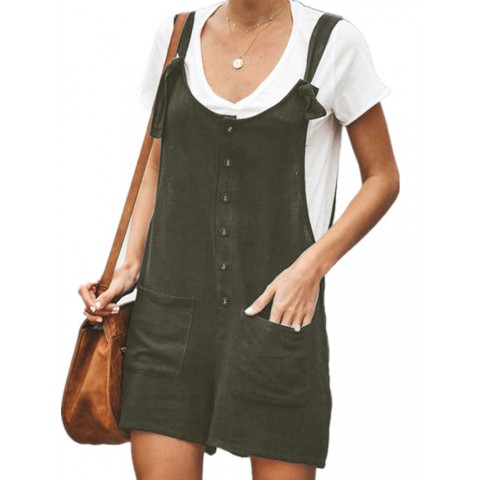 Women Sleeveless Straps Button Pocket Short Jumpsuit