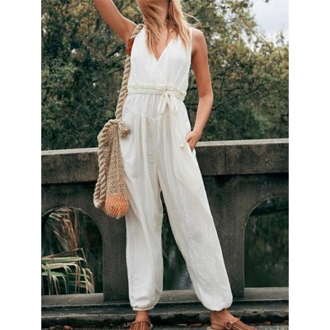 Women V-Neck Solid Color Elastic Waist Sleeveless Side Pockets Jumpsuit