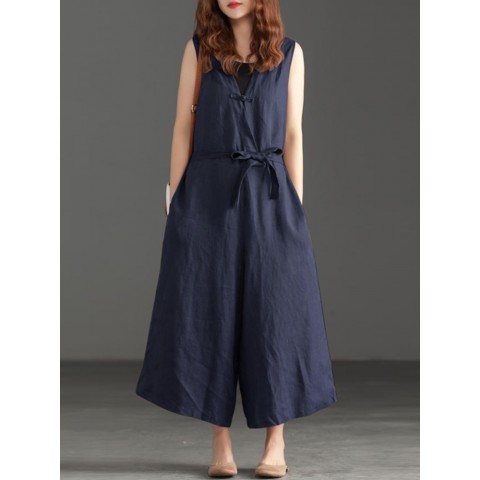 Women Wide Leg Cotton Solid Color V-Neck Sleeveless Jumpsuit with Pockets